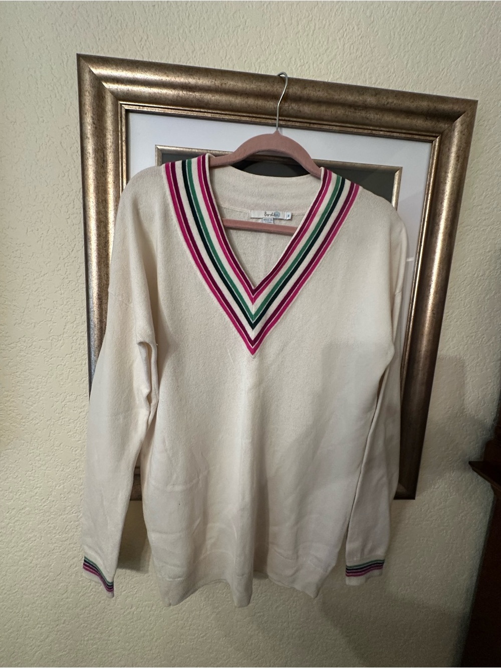 Boden Cream pavilion, cricket Sweater with Pink and Green Stripe Trim. M